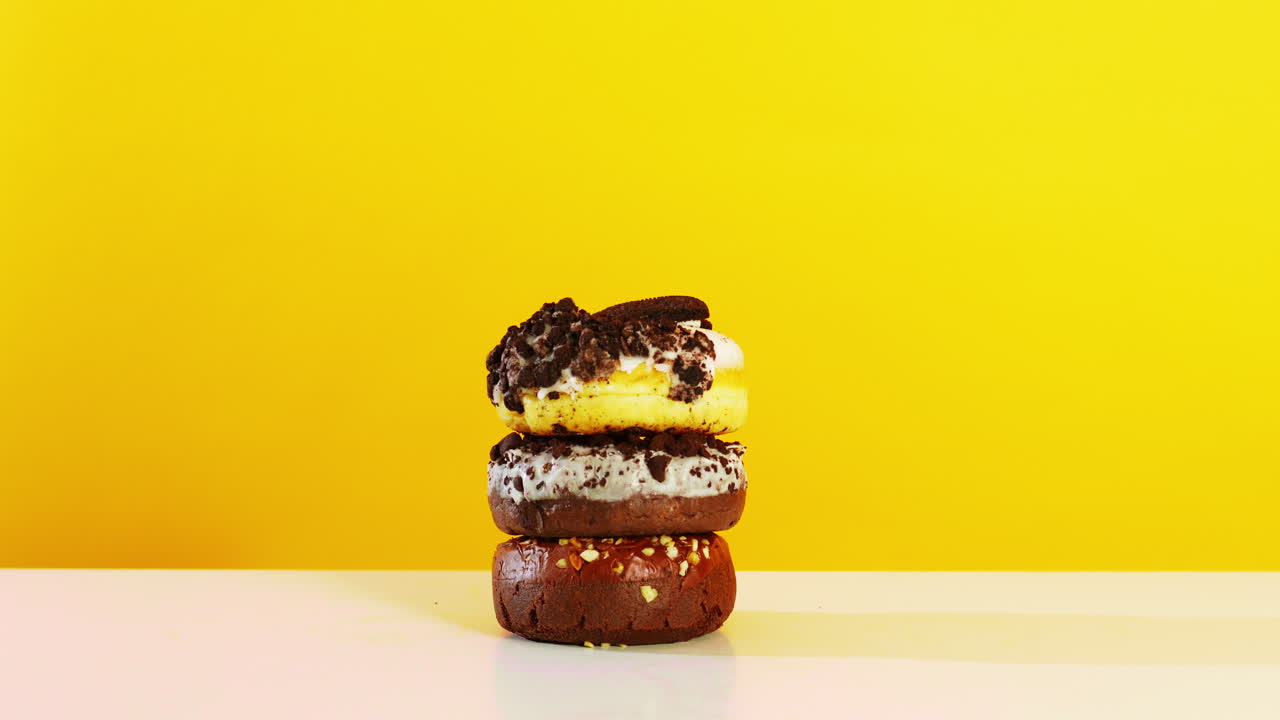 A hand uses a fork to pick up the top donut from a visually appealing stack of three donuts, all set against a vibrant yellow background, highlighting textures and toppings.