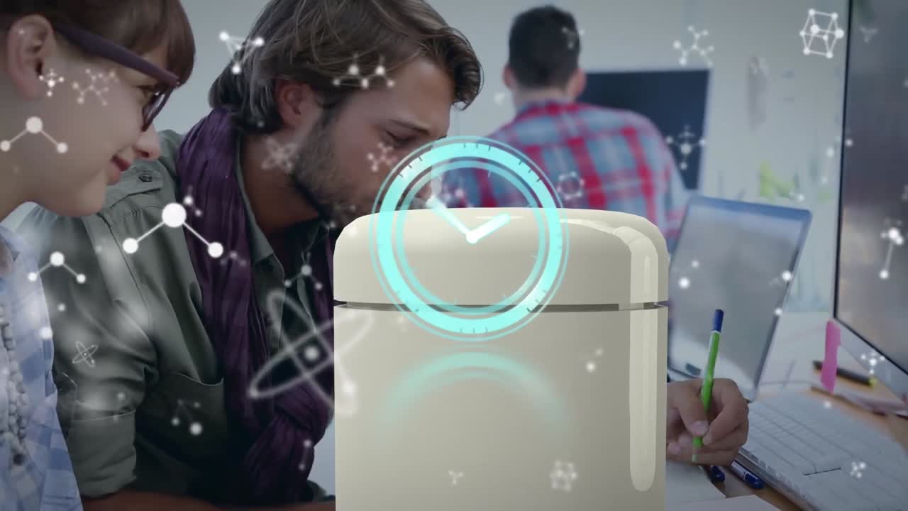 animación de reloj y moléculas sobre la gente studding