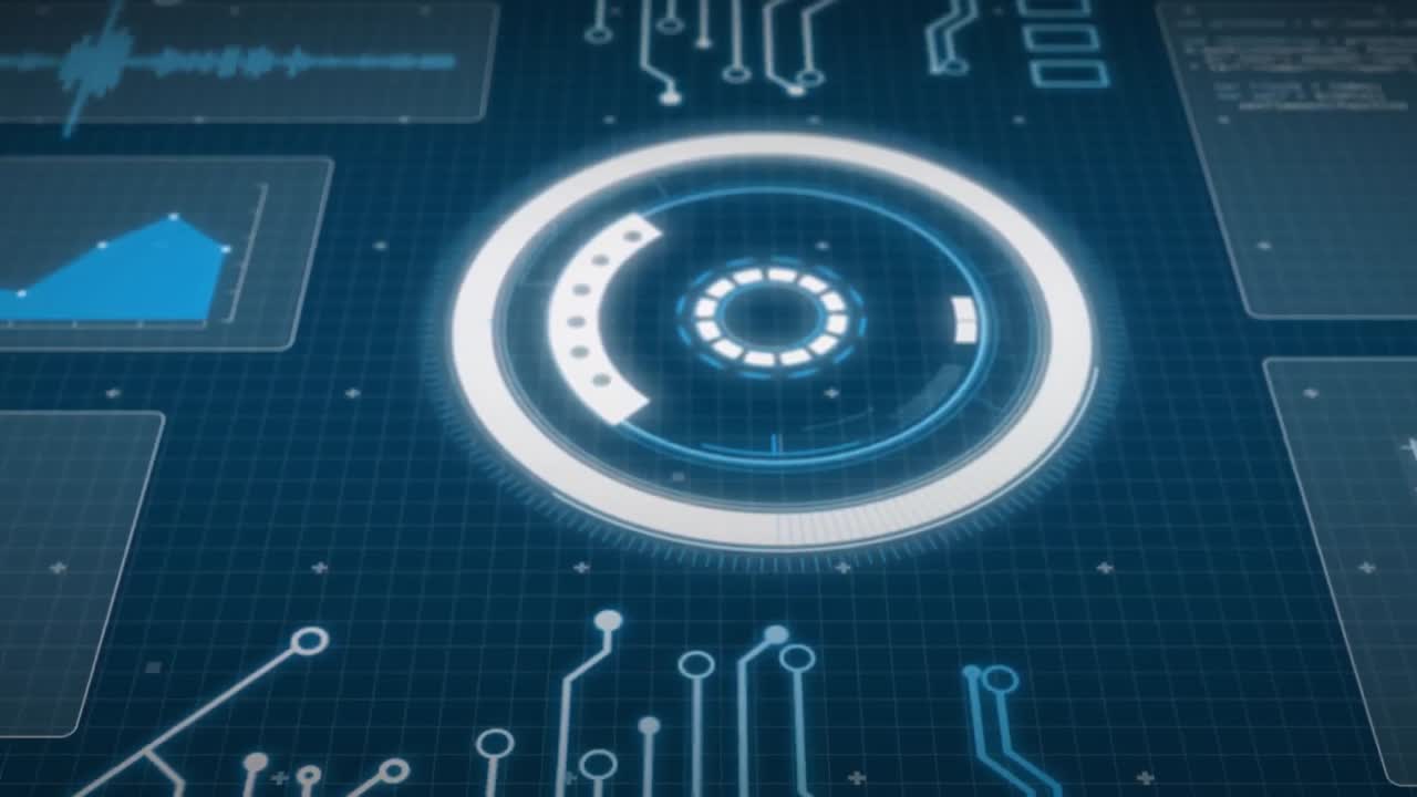 animación del reactor de arco, gráficos, placa de circuitos y lenguaje informático sobre fondo azul