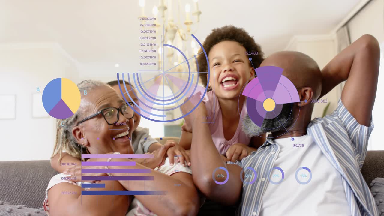 Animated tech charts overlaying frame, mature pair speaking on couch, kids climbing, family bonding
