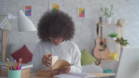 portrait african american students woman with an afro hairstyle engaged at home