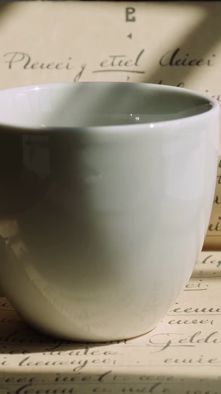 Luce solare e ombre che si muovono su una tazza bianca su carta vintage