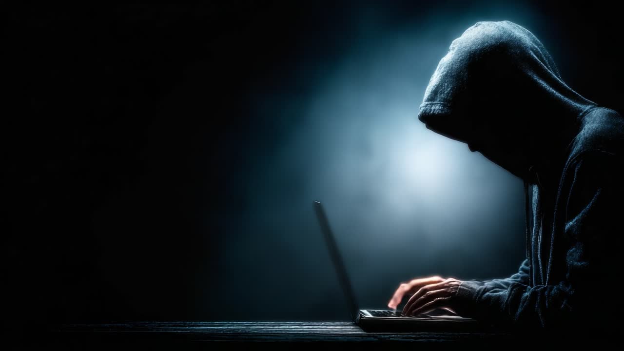 En mystisk figur i en hættetrøje udfører hemmelighedsfuld aktivitet på en bærbar computer i en mørk atmosfære, indhyllet i mystik og intriger