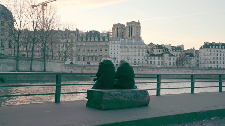 Elderly couple sitting in front of the Seine river watching the Parisian sunset, ancient architecture and reconstruction of the Notre Dame cathedral in the background, Paris, France
