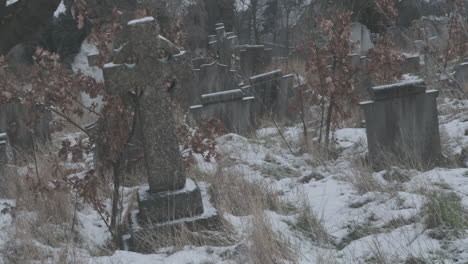 crooked disorder of gravestones covered in snow, dead of winter in an overgrown neglected cemetery