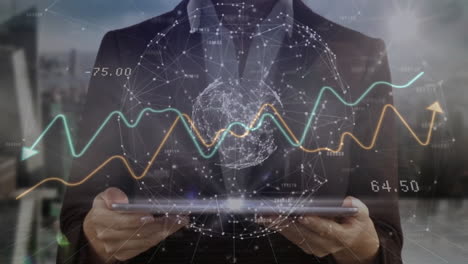 soporte de tableta, profesional de negocios con animación de datos financieros en el entorno de la oficina