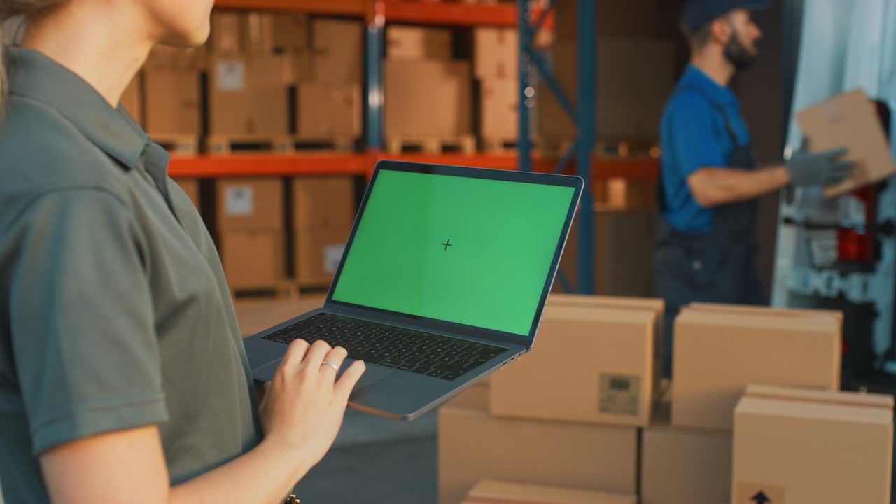 gerente femenina usando pantalla verde chroma llave portátil. en el fondo almacén centro minorista con cajas de cartón, pedidos en línea de comercio electrónico, alimentos, medicamentos, suministros de productos. sobre el hombro