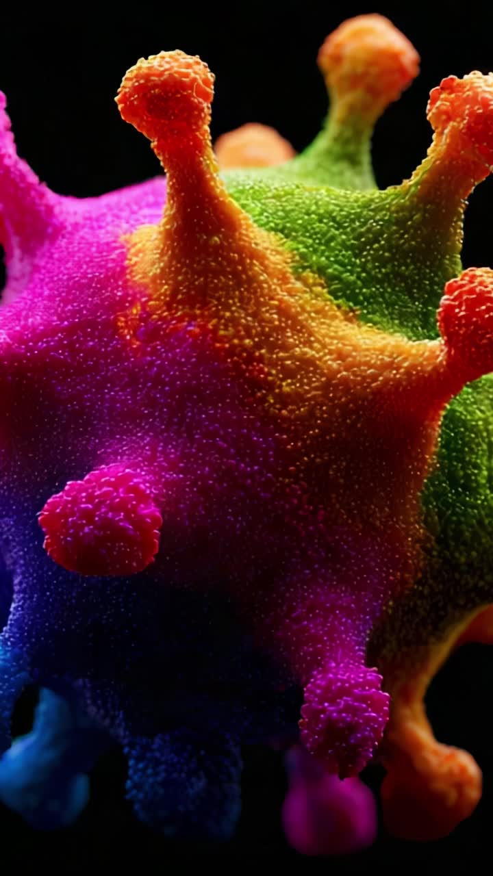 Vibrant Microscopic Visualization of a Colorful Virus Structure with Detailed Surface Texture and Unique Spikes Capturing the Intricacies of Microbial Life