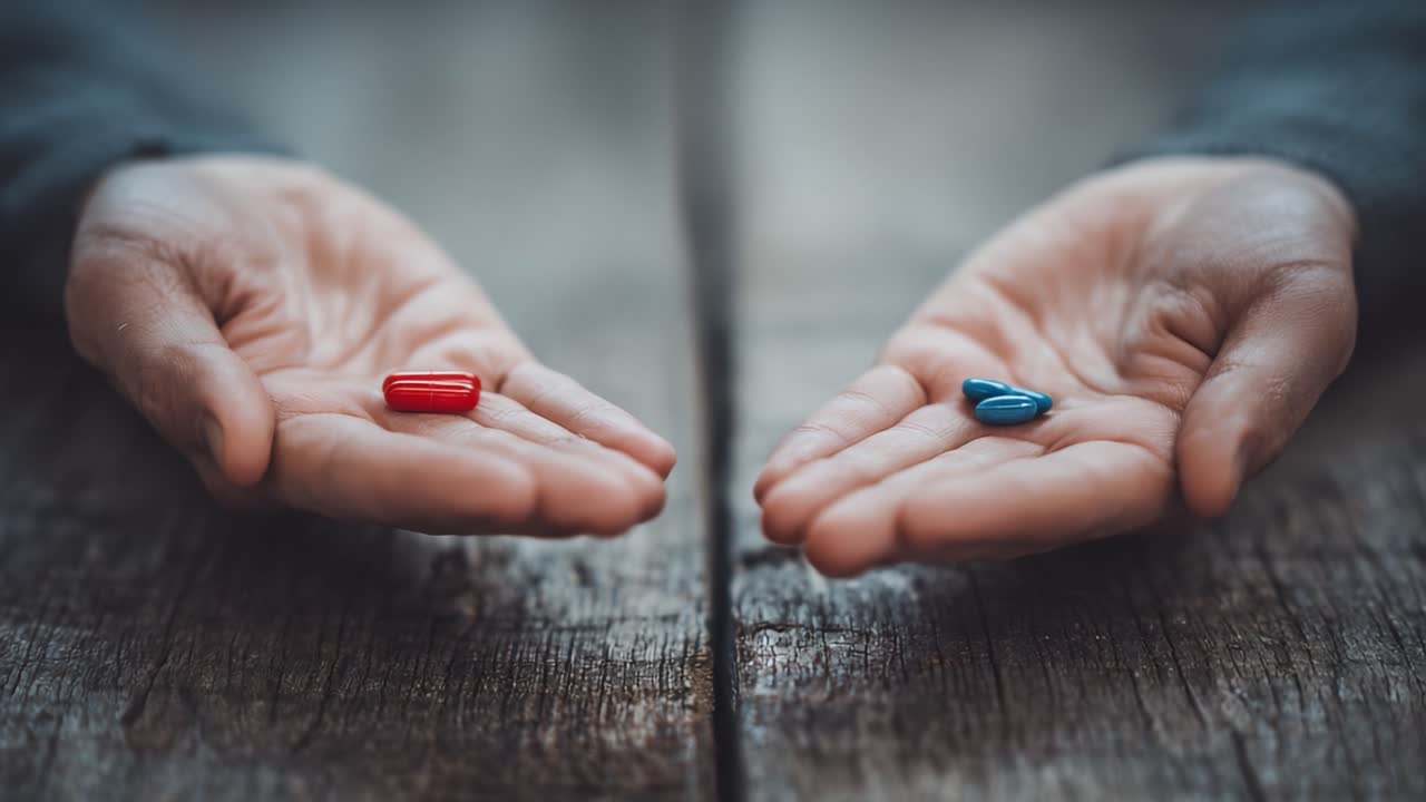 Una scelta stimolante: Esplorando la dualità simbolica di capsule rosse e blu tenute apertamente in due mani su una superficie di legno.