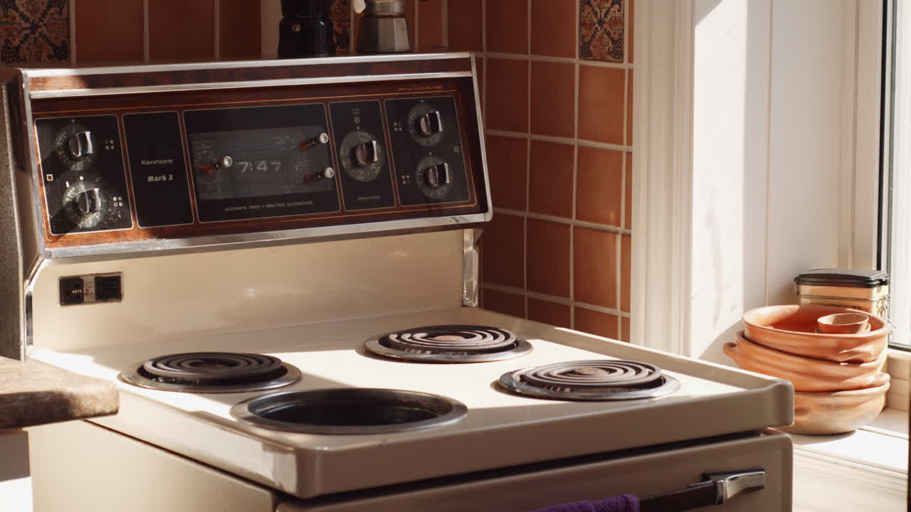 A vintage stove in a retro kitchen in a down town apartment