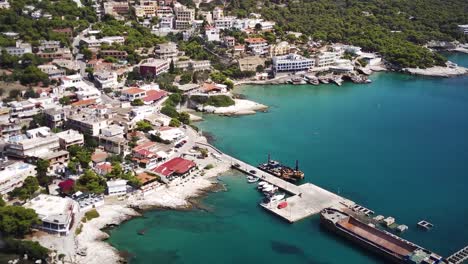 drone view of the agia marina beach in aigina, greece