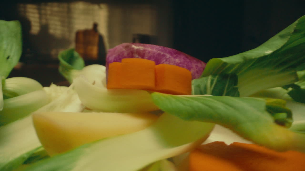 Fresh vegetables rotating in close-up, showcasing colors and textures in motion