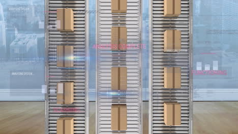 animación del procesamiento de estadísticas sobre cajas de cartón en cintas transportadoras