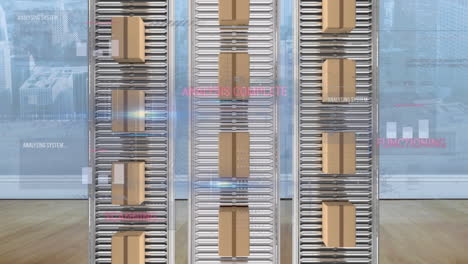 animation of statistics processing over cardboard boxes on conveyor belts