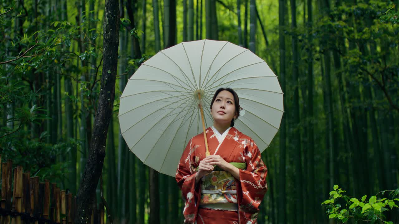 Japanese Woman in Kimono with Umbrella in a Bamboo Forest