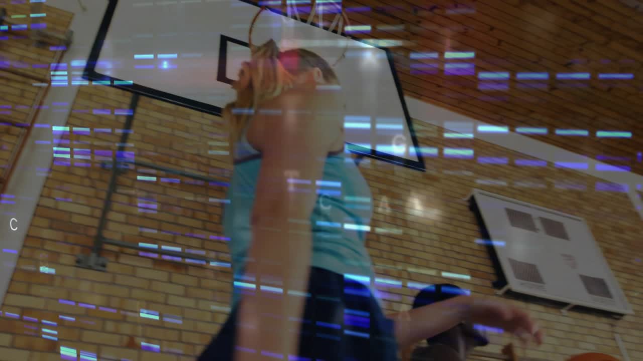 Male releasing ball at hoop, female jumping to score in sports, purple blue glitch bars overlaying