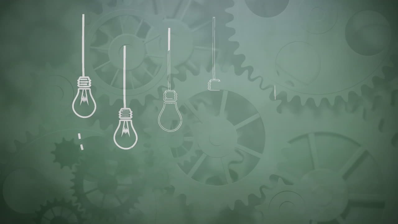 cinco lámparas en proceso de ser ilustradas y motores de máquinas en el fondo