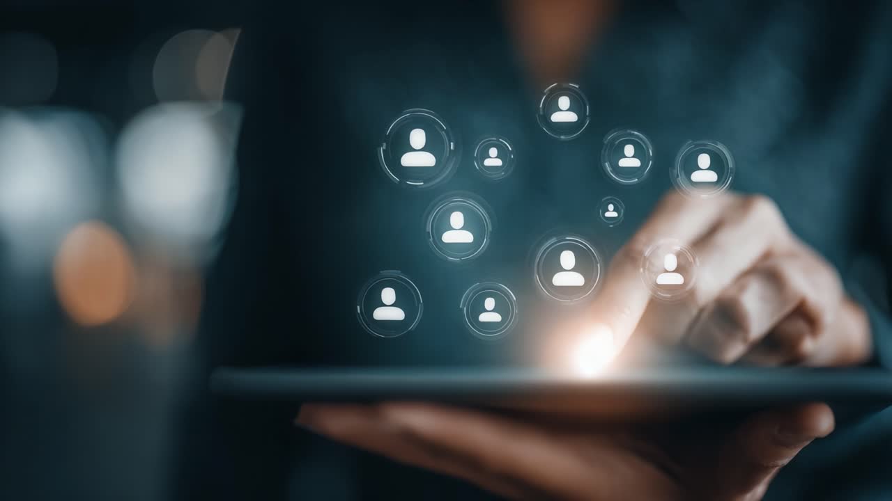 Engaging Digital Interaction: A Close-Up View of a User Touching a Tablet with Interactive Network Icons Representing Users or Contacts