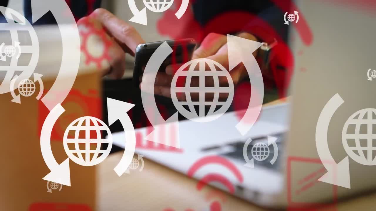 animación de iconos digitales sobre el hombre usando un teléfono inteligente