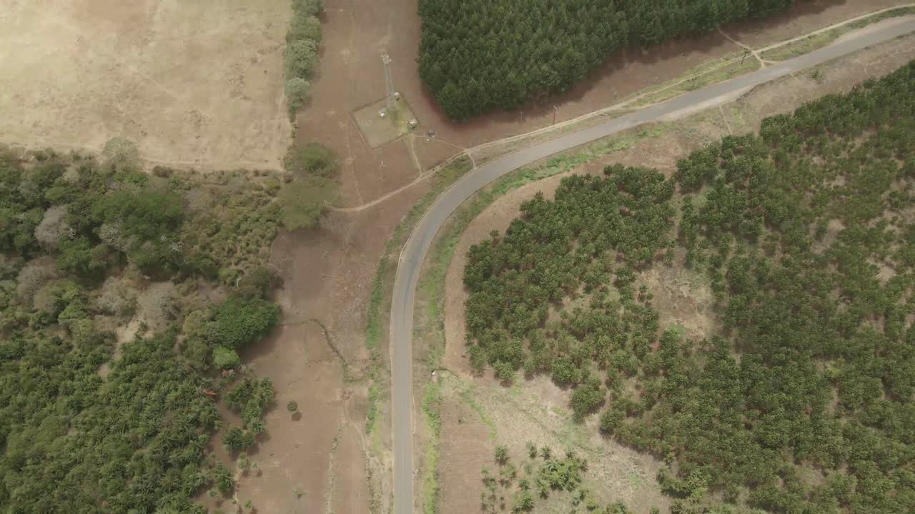 drone volando sobre la esquina de la carretera en el área forestal de las laderas del monte kilimanjaro áfrica