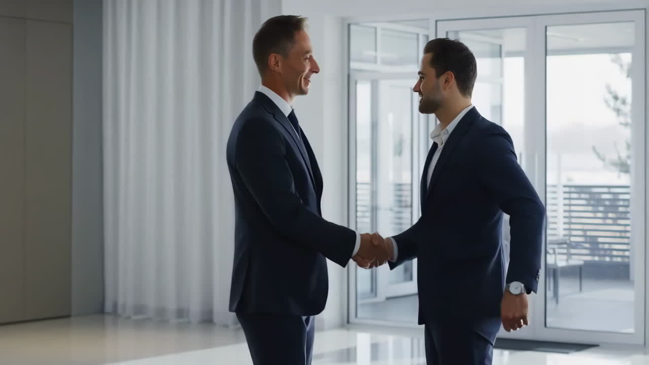 Due uomini d'affari che si stringono la mano in un ufficio moderno