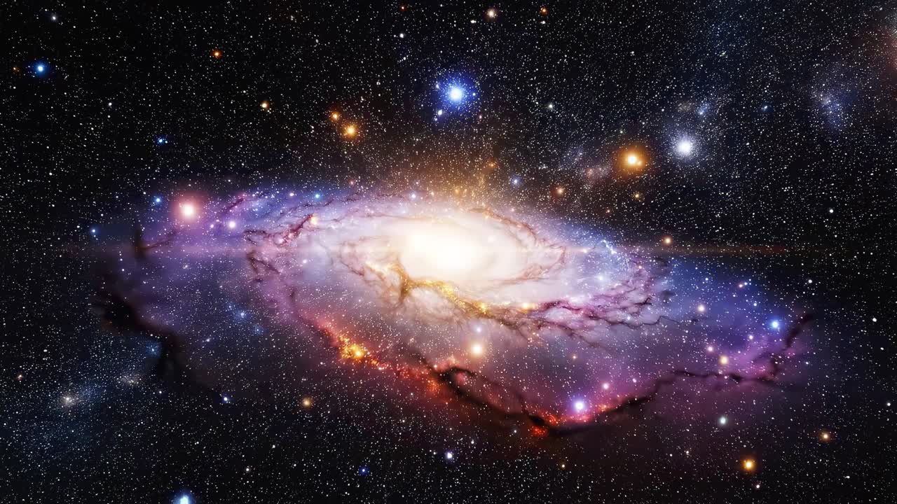 Atemberaubende kosmische Spiralgalaxie mit leuchtenden Sternen, aus Weitwinkelperspektive aufgenommen.