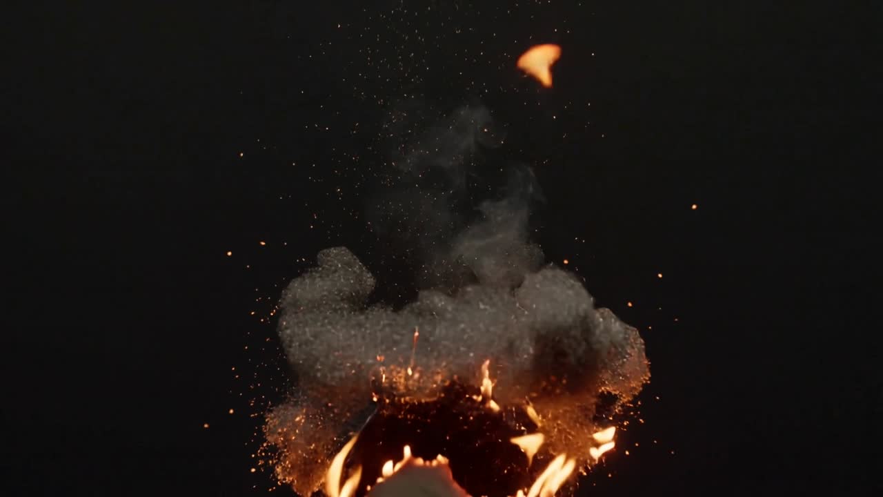Antændende flammer får et lille rektangulært kort til at brænde i et mørkt studie, der frigiver røg og gløder.