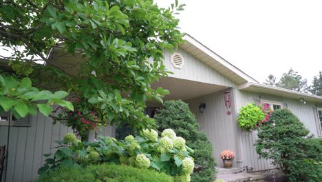 Beautiful reveal of the front of a house in the summer with a beautiful garden out front