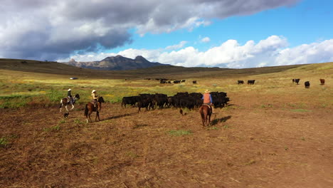 abejón de cámara lenta de ganado y vaqueros en un valle rodeado de montañas