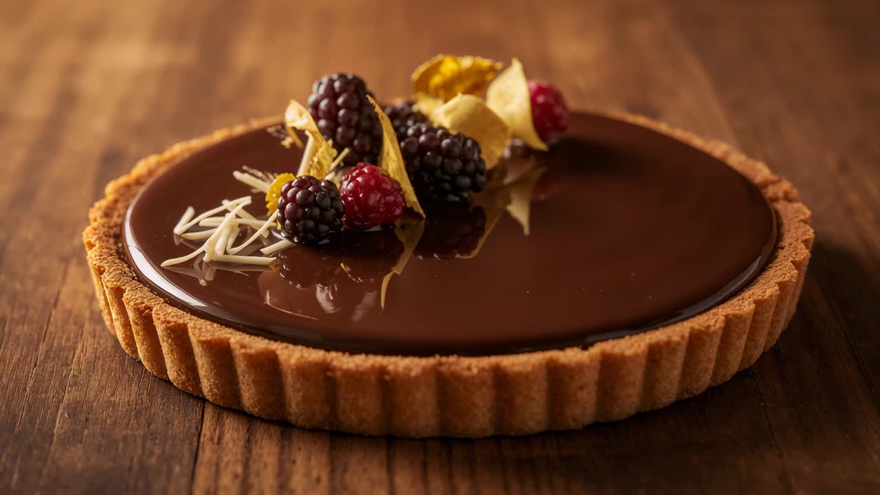 Pushing camera approaching centered chocolate tart on wooden tabletop, tightening focus on berries