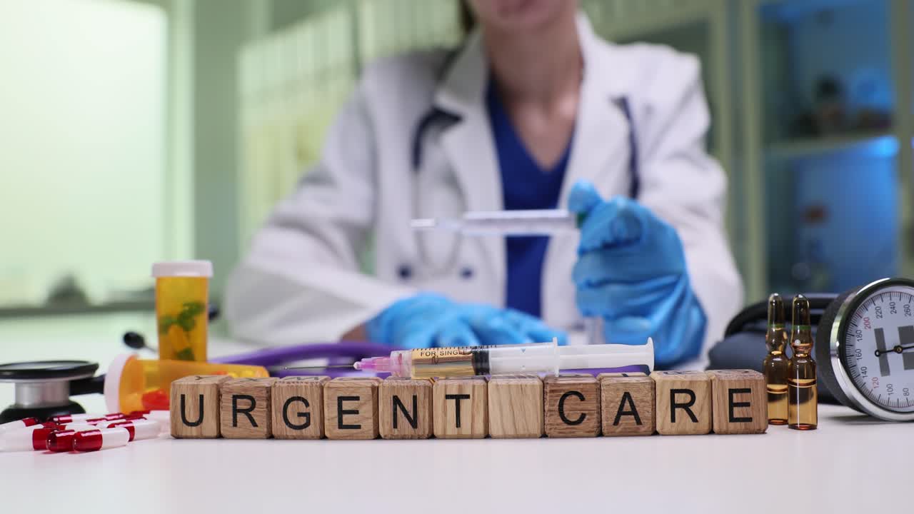 Wooden cubes spell words urgent care on medical desk by doctor