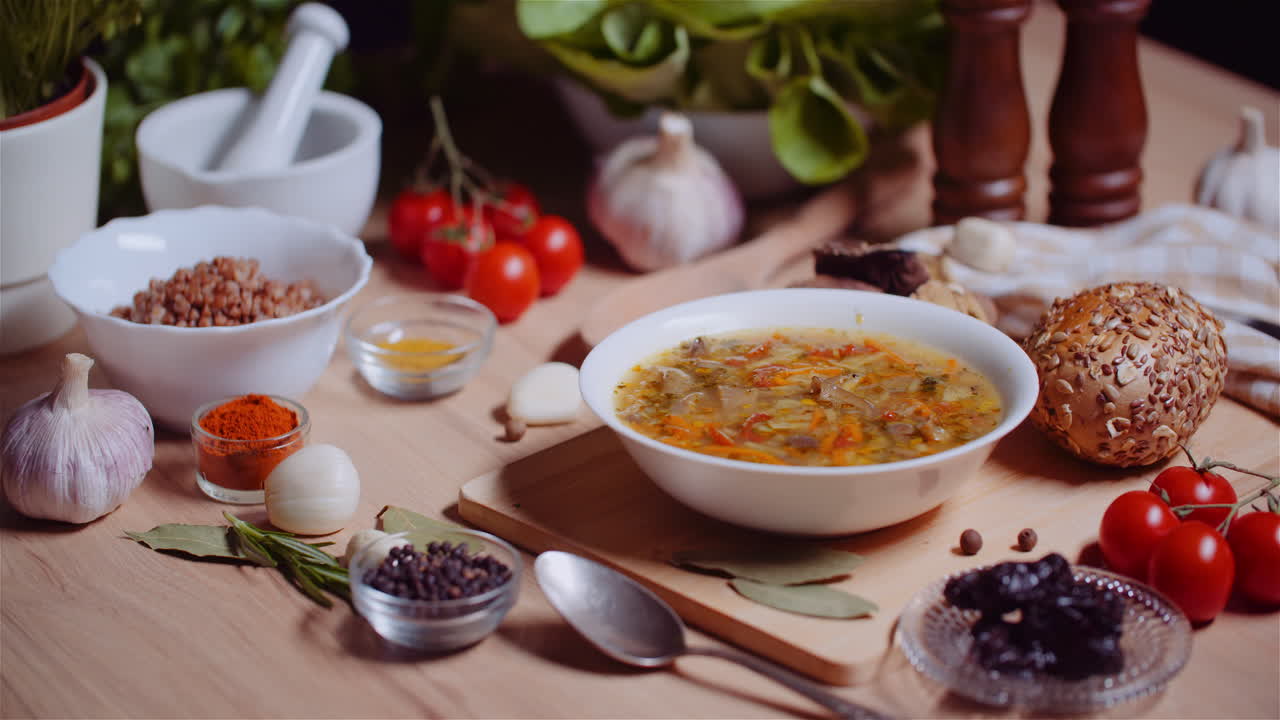 suppe i en skål midt i forskellige ingredienser sorteret på træbord 7