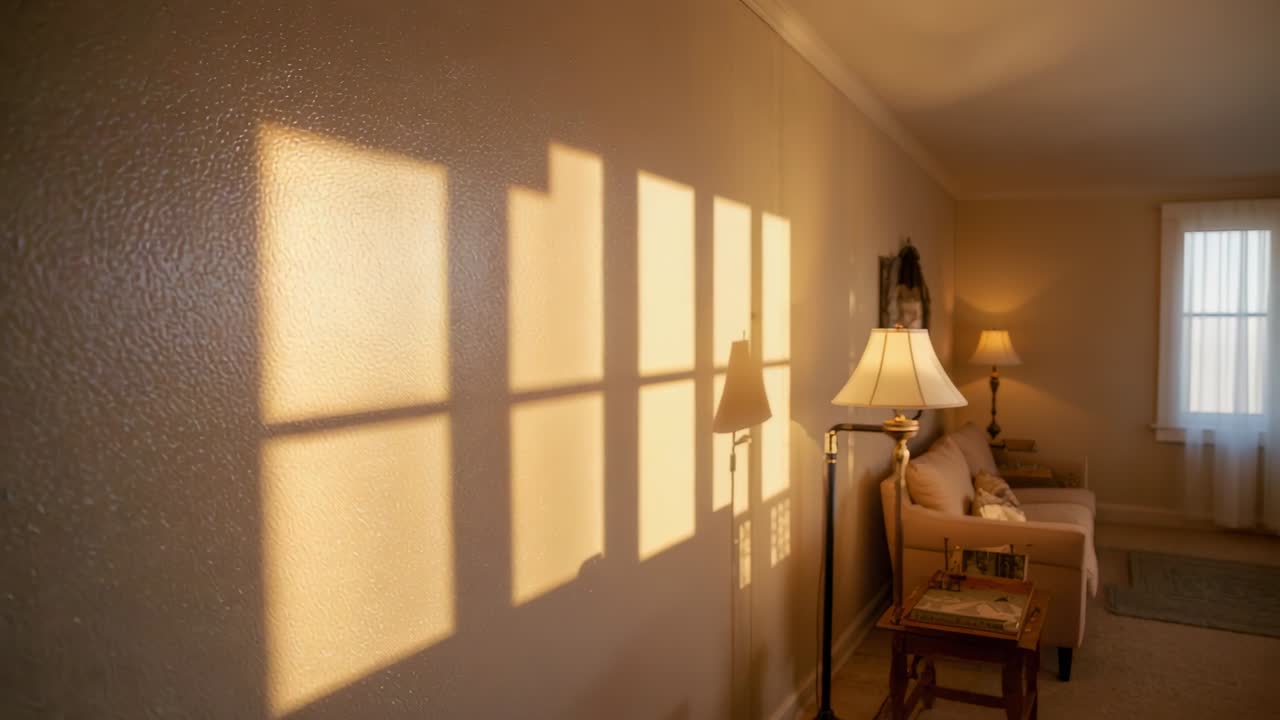 Sun movement causing window light shifting across wall, casting lamp shadow and guiding lighting