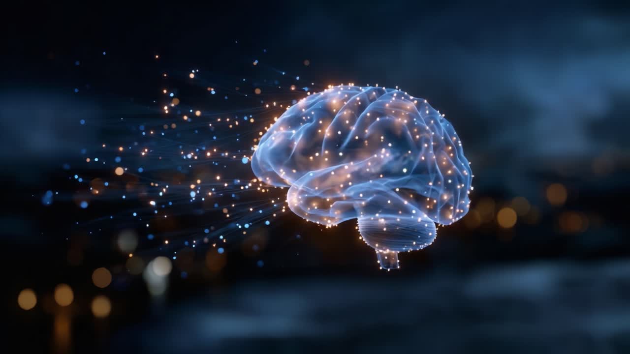 Una rappresentazione visivamente accattivante del cervello umano che illustra l'elaborazione del pensiero, la connettività e l'intelligenza emotiva attraverso vivaci scie di luce