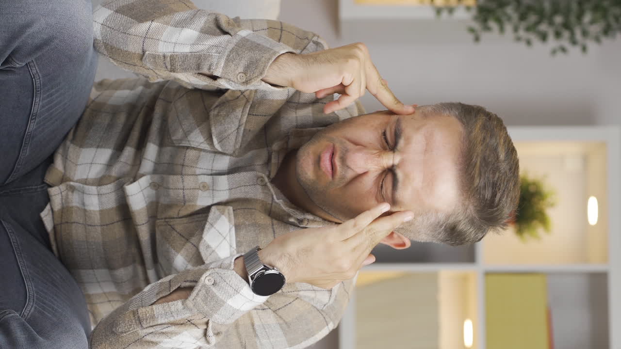 video vertical de un hombre con dolor de cabeza.
