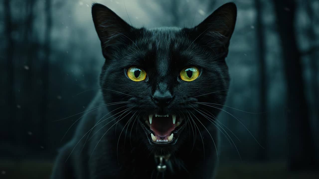 Captivating Close-Up of a Fierce Black Cat Emitting a Sharp Roar in a Mysterious, Dimly Lit Forest Environment