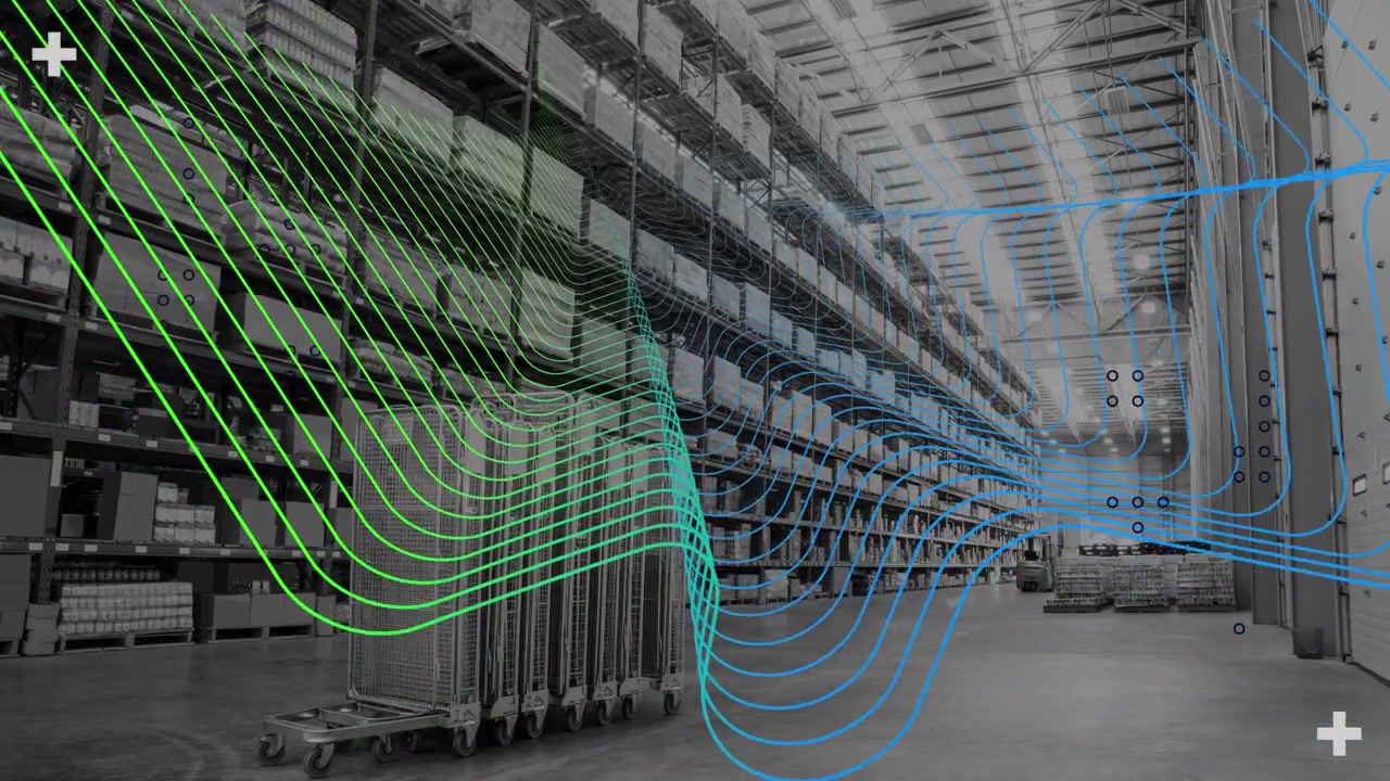 Animation of financial data processing and composition over stacked up shelves in warehouse