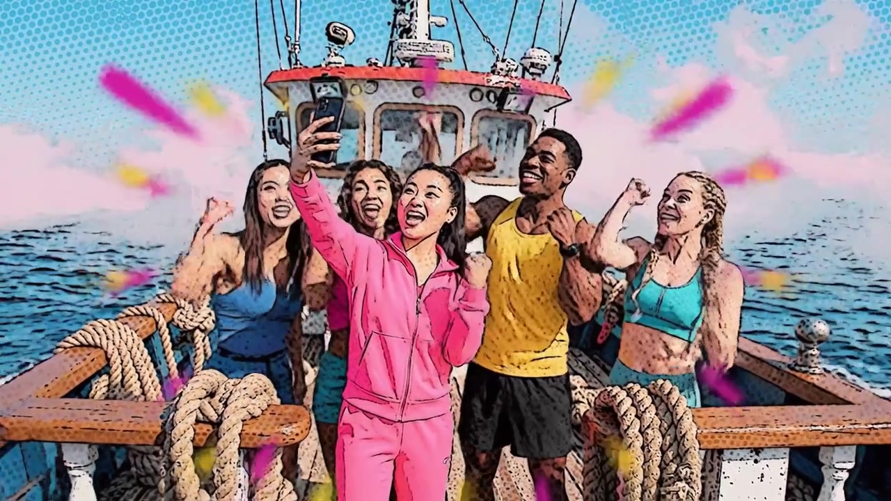 A Fun Day at Sea: Friends Capture Memorable Moments with a Selfie on a Colorful Boat Adventure Surrounded by Laughter and Vibrant Smoke Effects
