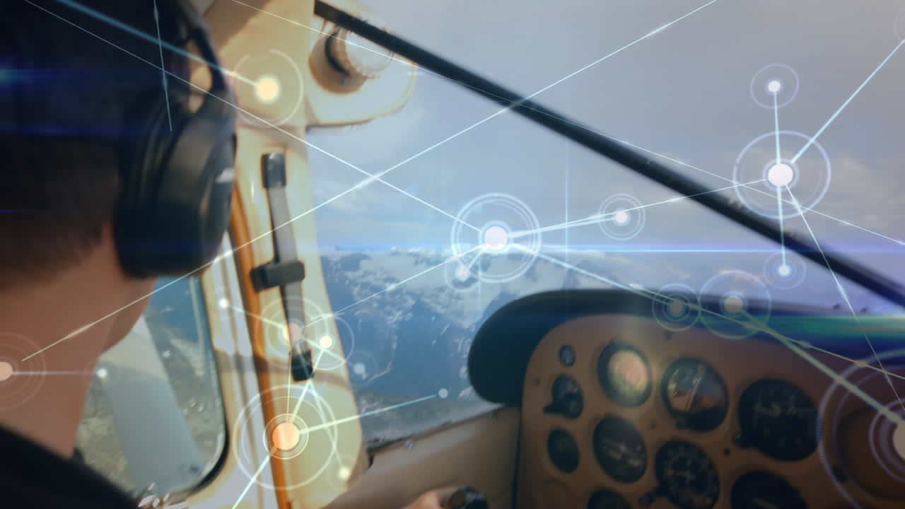 비행하는 비행기 위의 연결 네트워크의 애니메이션