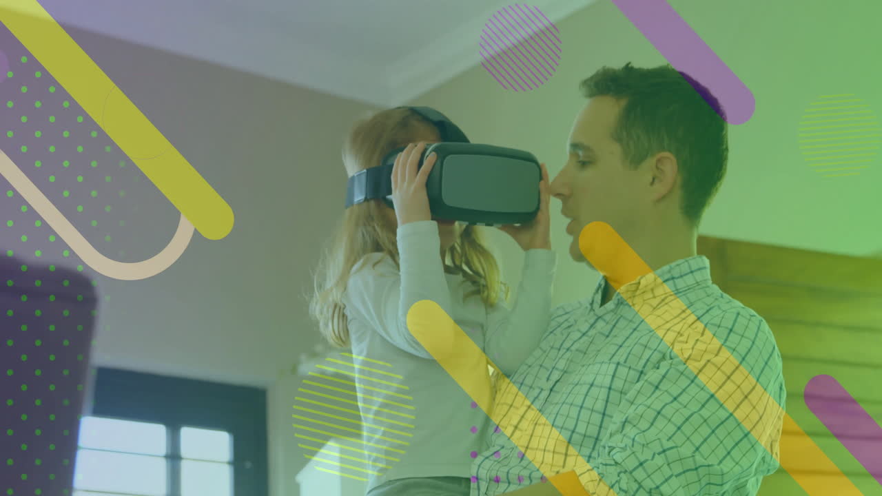 animación del patrón sobre la chica caucásica en auriculares vr