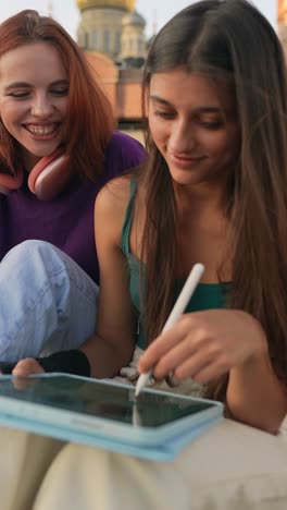 two women drawing on tablet outdoors