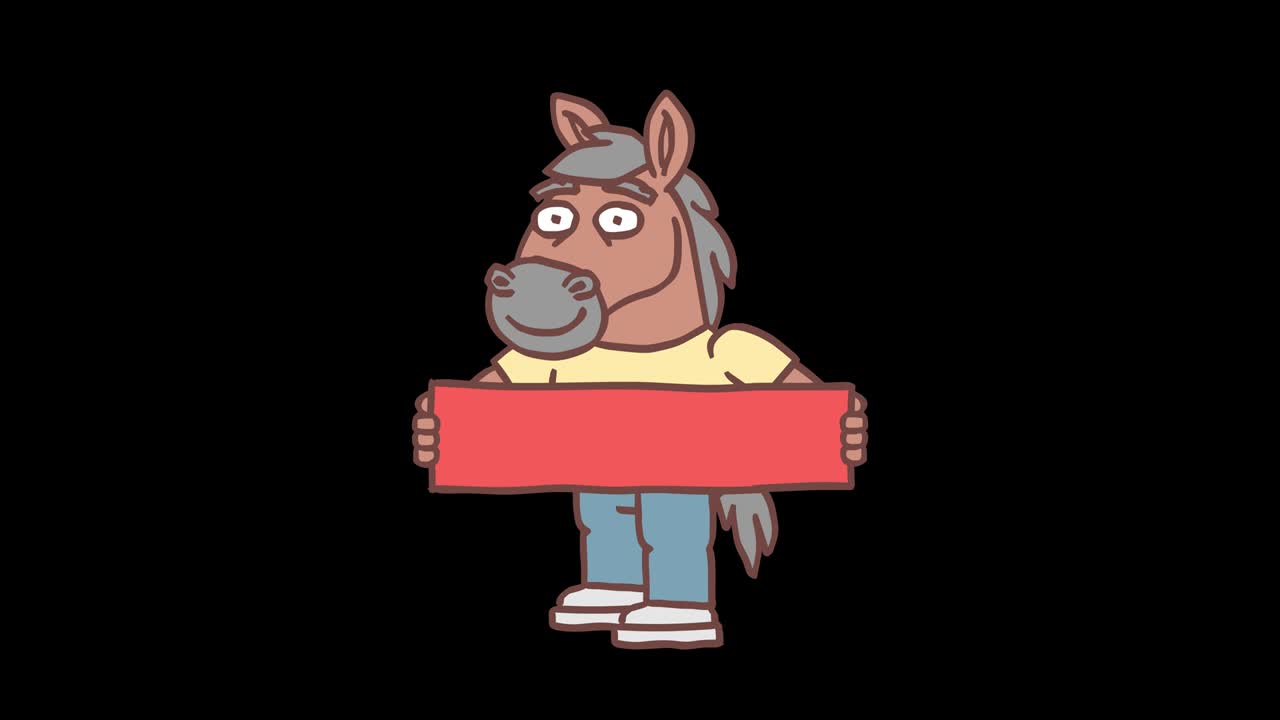 Horse character holds web button with inscription subscribe. Frame by frame animation. Alpha channel