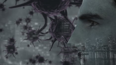 animation of a caucasian man over macro covid-19 cells and a cityscape in the background.