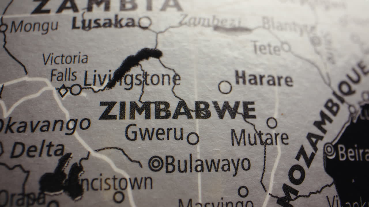 Close-up Monochrome Map of Zimbabwe and Neighboring Southern African Countries