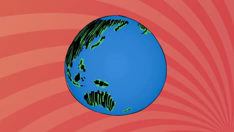 flat design stylized globe rotating against vibrant red background, showing oceans and green land