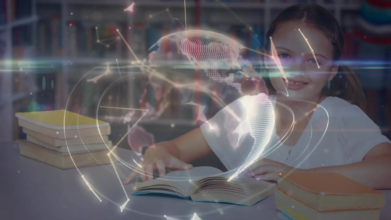 Studentessa che legge un libro per studio, avviando grafici di rete che si evolvono in un globo rotante.