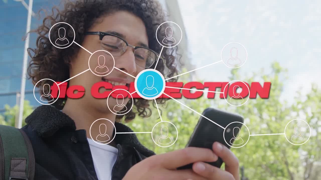 animación del nuevo texto de la colección, red de conexiones con iconos sobre el hombre biracial.