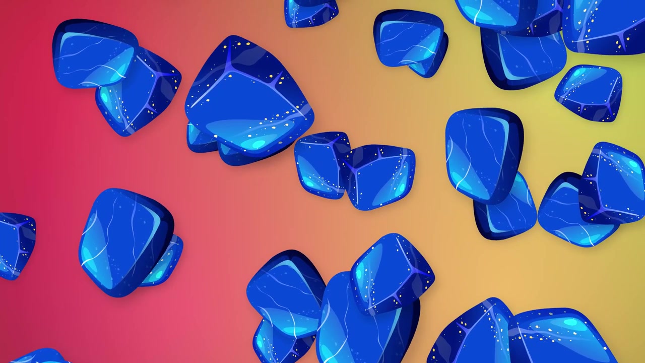 Blue geometric crystal shapes fall and tumble against a vibrant pink and yellow gradient background.
