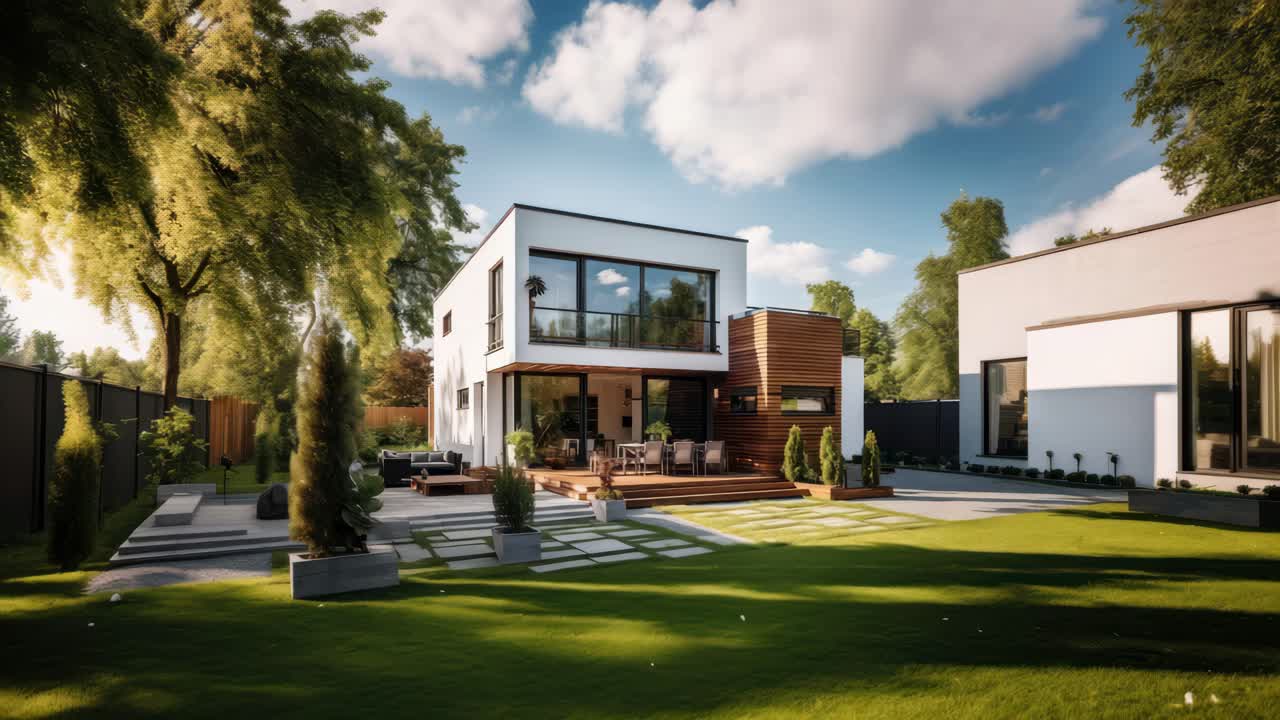 Modern house exterior with minimalist design, captured from a low-angle