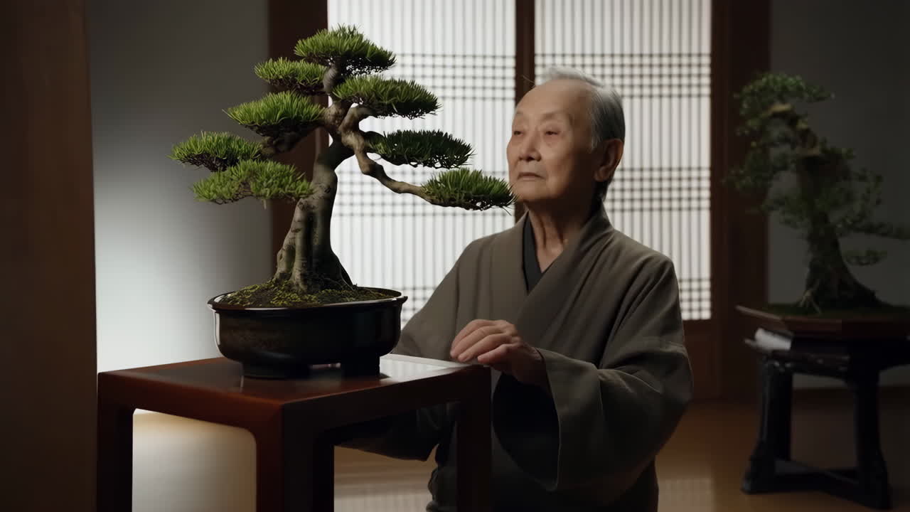 Elderly Person Tending to a Bonsai Tree